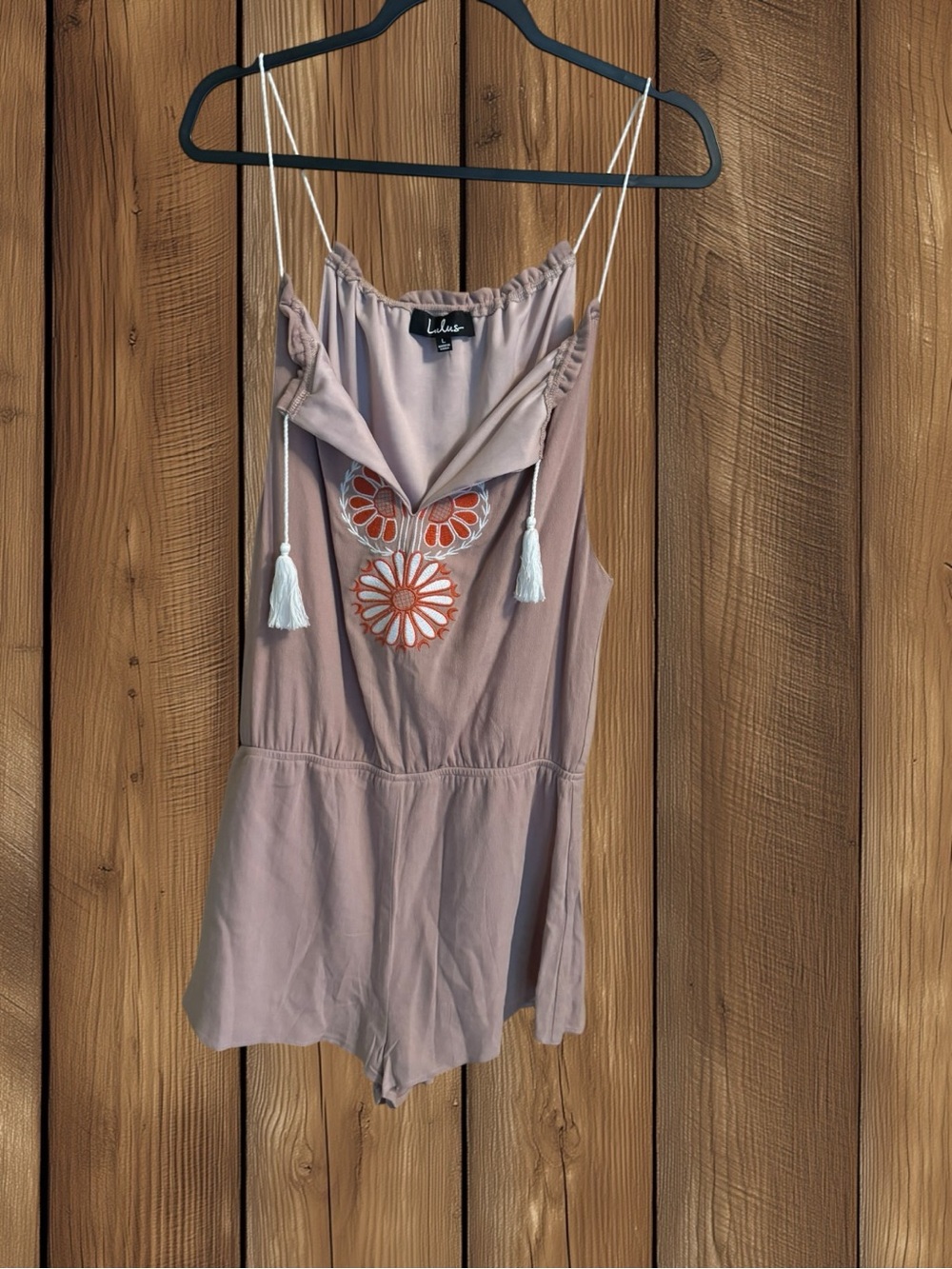 Lulus “Barcelona Beauty” Blush Pink Embroidered Tassel Boho Romper Size Large - Picture 3 of 14